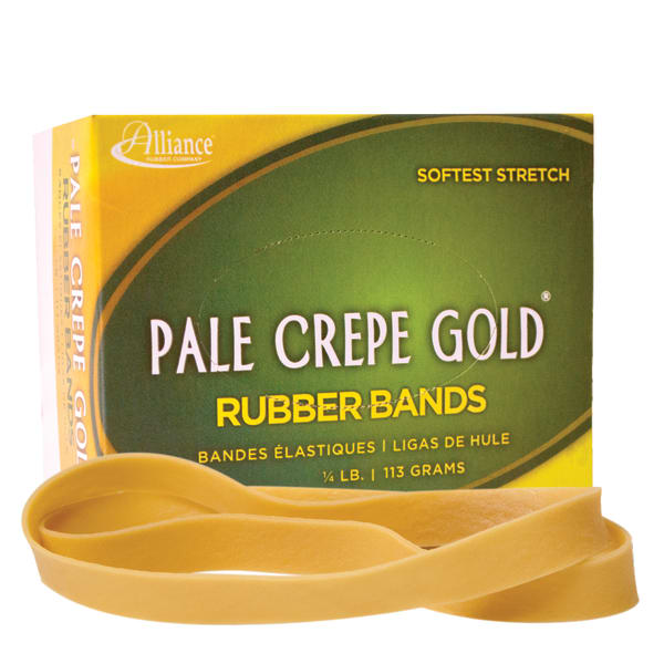 Alliance Rubber Pale Crepe Gold Rubber Bands In 1/4-Lb Box, #107, 7in x 5/8in, Box Of 15
