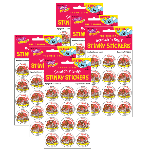 Trend Retro Scratch N Sniff Stinky Stickers, Super Stuff!/Spaghetti, 24 Stickers Per Pack, Set Of 6 Packs