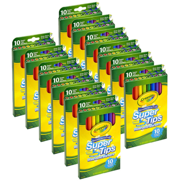 Crayola Washable Super Tips Markers, Conical, Assorted Colors, Pack Of 10 Markers, Set Of 12 Packs