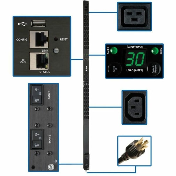 Tripp Lite 5/5.8kW Single-Phase Monitored PDU, LX Interface, 208/240V Outlets (36 C13/6 C19), L6-30P, 10 ft. Cord, 0U 1.8m/70 in., TAA