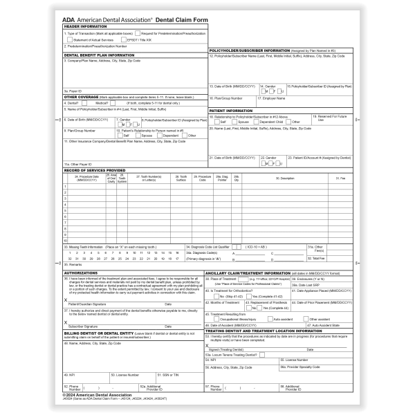 ComplyRight ADA Dental Claim Forms (2024 Version), Laser, 8-1/2in x 11in, Box Of 1,000 Forms