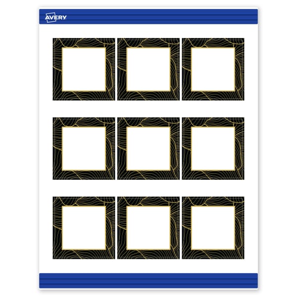 Avery Printable Cards With Sure Feed Technology, 2-1/2in x 2-1/2in, Matte White With Black Border with Gold Pattern, Pack Of 90