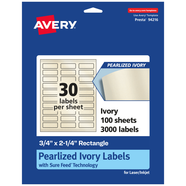 Avery Pearlized Permanent Labels With Sure Feed, 94216-PIP100, Rectangle, 3/4in x 2-1/4in, Ivory, Pack Of 3,000 Labels