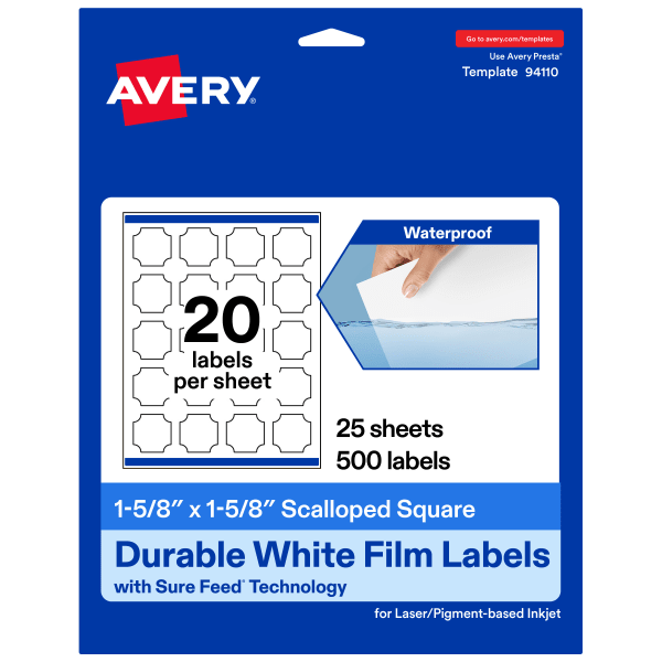 Avery Waterproof Permanent Labels With Sure Feed, 94110-WMF25, Square Scalloped, 1-5/8in x 1-5/8in, White, Pack Of 500