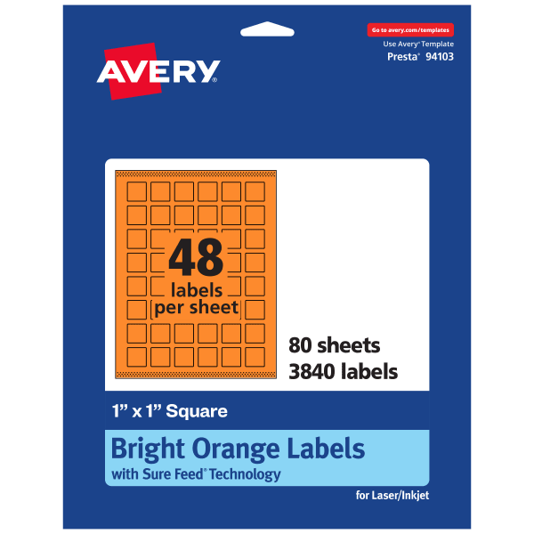 Avery Print-To-The-Edge Labels With Sure Feed Technology And Easy Peel, 94103-BOP80, Square, 1in x 1in, Matte Bright Orange, Pack of 3840