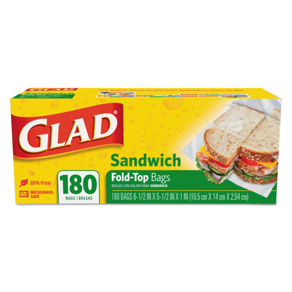Glad Fold-Top Sandwich Bags, 6-1/2in x 5-1/2in, Clear, 180 Bags Per Box, Case Of 12 Boxes