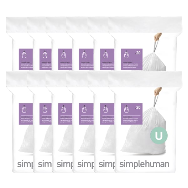 simplehuman Custom-Fit Trash Can Liners, Code U, 0.03-mil, 14.53 Gallons, 29 15/16in x 26 5/8in, White, Pack Of 240 Liners