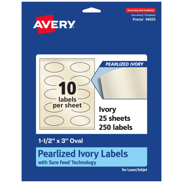 Avery Pearlized Permanent Labels With Sure Feed, 94055-PIP25, Oval, 1-1/2in x 3in, Ivory, Pack Of 250 Labels