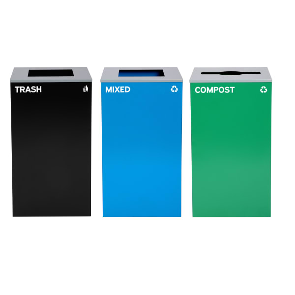 Alpine Industries Stainless-Steel Open Top Mixed Recycling, Compost And Trash Can Set With Square And Mixed Lids, 29 Gallons, 30inH x 16-15/16inW x 16-15/16inD, Black/Blue/Green, Set Of 3 Trash Cans