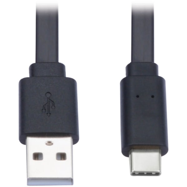 Tripp Lite USB-A to USB-C Flat Cable (M/M), Black, 3 ft. (0.9 m) - First End: 1 x Type A Male USB - Second End: 1 x Type C Male USB - 480 Mbit/s - Nickel Plated Connector - Gold Plated Contact - Black