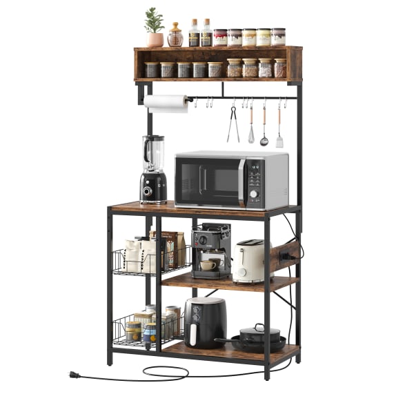 Bestier Bakers Rack With Power Outlets And Storage Shelf, 5-Tier, 65inH x 33inW x 16inD, Rustic Brown