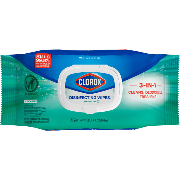 Clorox Disinfecting Wipes, Fresh Scent, 3.3 Oz, White, Pack Of 75 Wipes