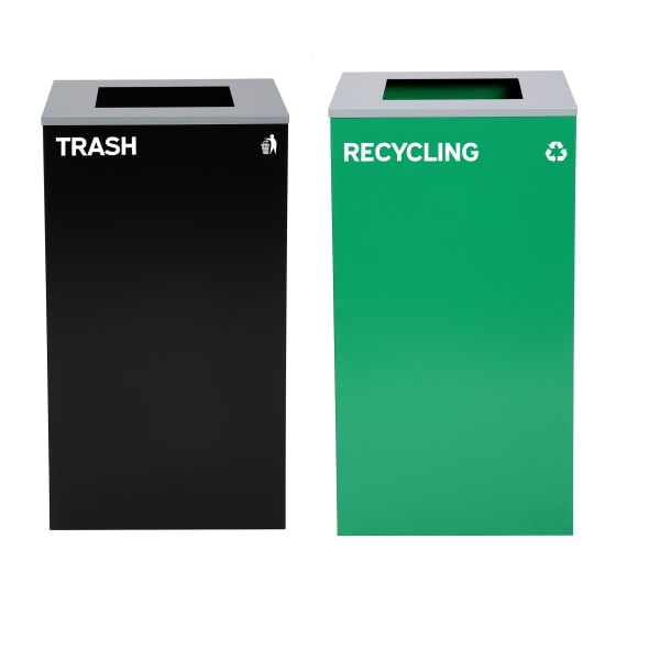 Alpine Industries Stainless-Steel Open Top Recycling And Trash Can Set With Circle And Square Lids, 29 Gallons, 30inH x 16-15/16inW x 16-15/16inD, Black/Green, Set Of 2 Trash Cans