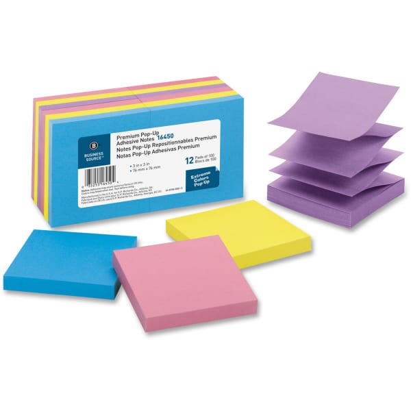 Business Source Reposition Pop-up Adhesive Notes - 3in Flag/Note Width x 3in Flag/Note Length - Square - Assorted - Removable, Repositionable, Solvent-free Adhesive - 12 / Pack