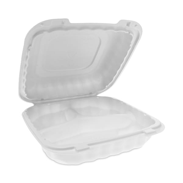 Pactiv Evergreen EarthChoice SmartLock Microwavable MFPP Hinged Lid Containers, 3-Compartment, 3-1/8inH x 8-5/16inW x 8-3/8inD, White, Carton Of 200 Containers