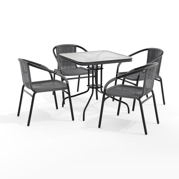 Flash Furniture Square Glass And Metal Table With 4 Rattan Stack Chairs, 28in, Clear/Gray