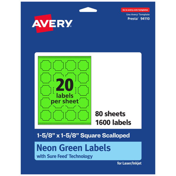 Avery Print-To-The-Edge Labels With Sure Feed Technology, 94110-NGP80, Square Scalloped, 1-5/8in x 1-5/8in, Matte Neon Green, Pack of 1600