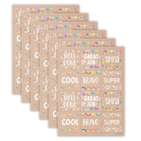 Creative Teaching Press Reward Stickers, 1-1/2in, Krafty Pop Colorful Kraft, 60 Stickers Per Pack, Set Of 6 Packs