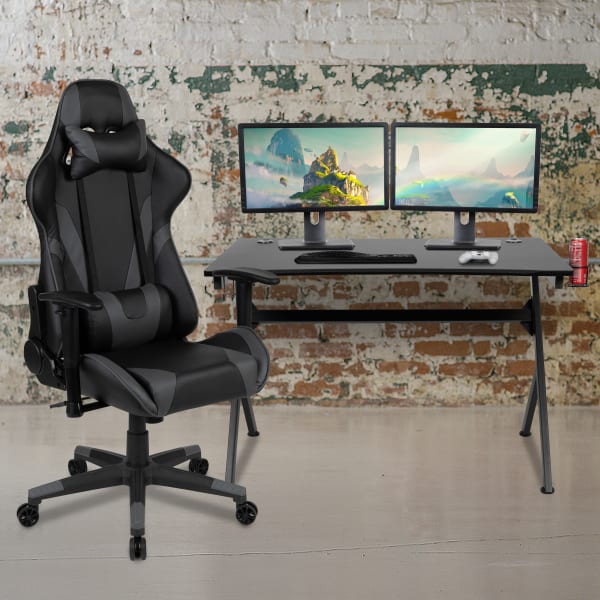 Flash Furniture Gaming Desk And Reclining Chair Set With Cup Holder, Headphone Hook & 2 Wire Management Holes, Gray