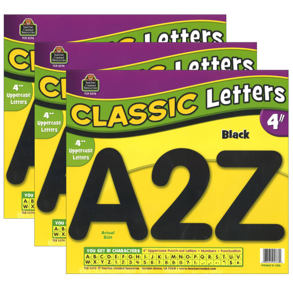 Teacher Created Resources Letters Uppercase Pack, 4in, Black Classic Font, 81 Pieces Per Pack, Set Of 3 Packs