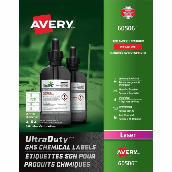Avery UltraDuty GHS Chemical Labels, AVE60506, 2in x 2in, White, Box Of 600