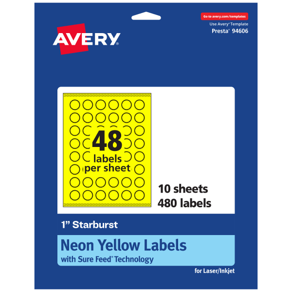 Avery Print-To-The-Edge Labels With Sure Feed Technology, 94606-NYP10, Starburst, 1in, Matte Neon Yellow, Pack of 480