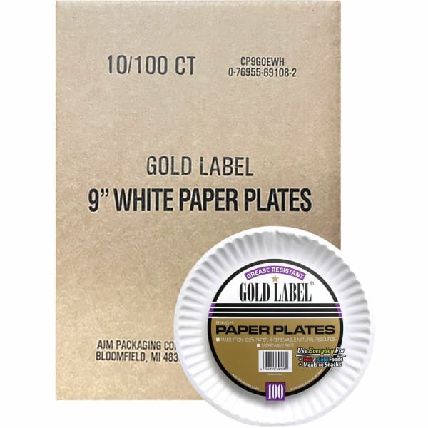 Gold Label 9in Dinnerware Paper Plates - Serving - Disposable - Microwave Safe - 9in Diameter - White - Paper Body - 100 Pack - 10 / Carton