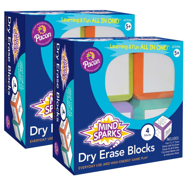 Mind Sparks Dry-Erase Blocks, 3in x 3in, Assorted Colors, Pre-K to Grade 4, 4 Blocks Per Set, Pack Of 2 Sets