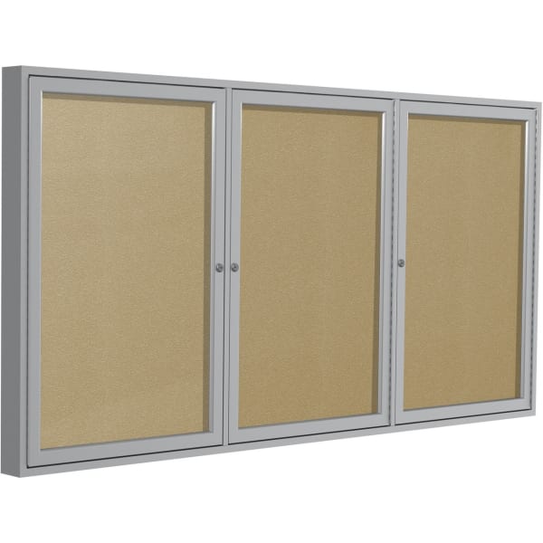 Ghent 3 Door Enclosed Vinyl Bulletin Board with Satin Frame - 48in Board Height x 96in Board Width - Caramel Vinyl Surface - Locking Door, Tackable, Water Resistant, Weather Resistant, Self-healing, Tamper Proof - Satin Aluminum Frame - 1 Each