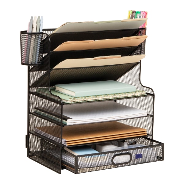 Mind Reader 6-Compartment Mesh Desk Organizer, 16inH x 9inW x 17-1/4inD, Black