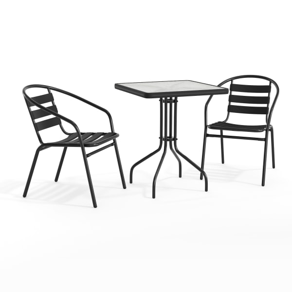 Flash Furniture Square Glass/Metal Table With 2 Slat-Back Stacking Chairs, 28in x 23-1/2in, Clear/Black