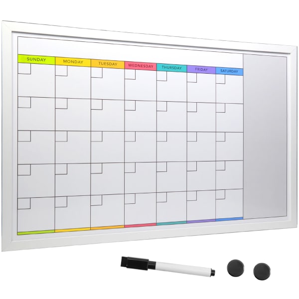 Excello Global Products Magnetic Dry-Erase Monthly Calendar Whiteboard, Porcelain, 20in x 30in, White Wood Frame