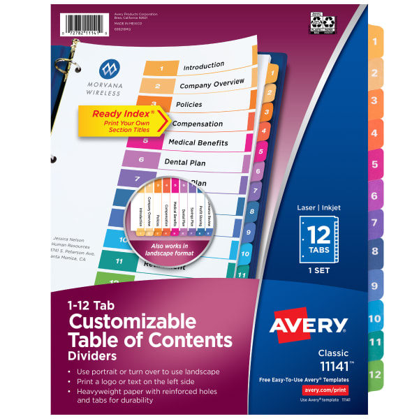 Avery Ready Index 1-12 Tab With Customizable Table Of Contents Binder Dividers, 8-1/2in x 11in, 12 Tab, Multicolor, 1 Set