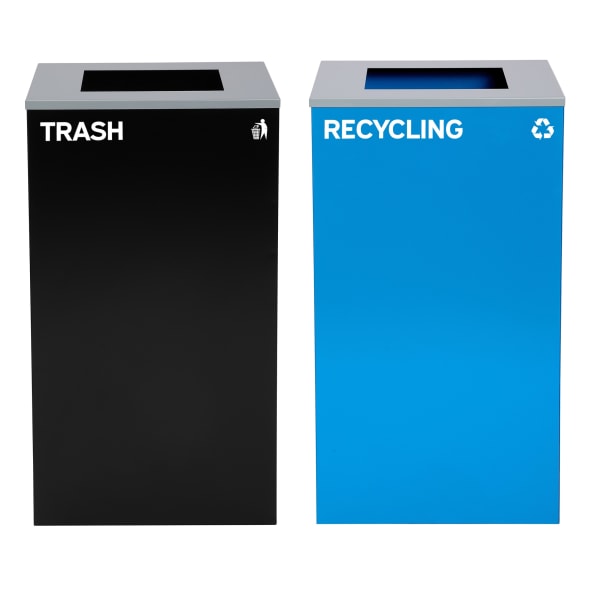 Alpine Industries Stainless-Steel Open Top Recycling And Trash Can Set With Square Lids, 29 Gallons, 30inH x 16-15/16inW x 16-15/16inD, Black/Blue, Set Of 2 Trash Cans