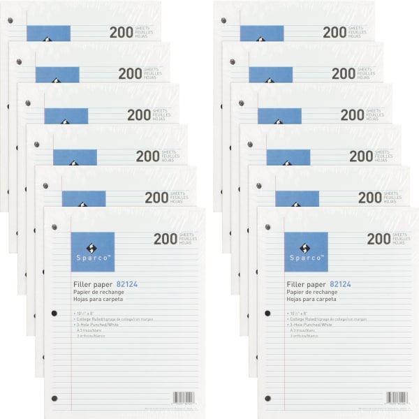 Sparco 3-hole Punched Filler Paper - 2400 Sheets - College Ruled Front Ruling - Ruled Red Margin - 16 lb Basis Weight - 8in x 10 1/2in Sheet Size - White Paper - Bleed-free - 200/Pack - 12 / Bundle