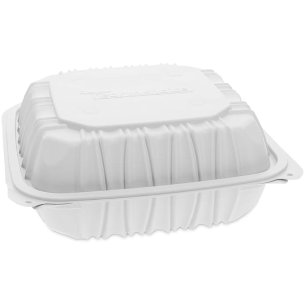Pactiv Evergreen EarthChoice Vented Microwavable MFPP Hinged Lid Containers, 3-Compartment, 3-1/8inH x 8-1/2inW x 8-1/2inD, White, Carton Of 146 Containers