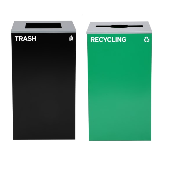 Alpine Industries Stainless-Steel Open Top Mixed Recycling And Trash Can Set With Square And Mixed Lids, 29 Gallons, 30inH x 16-15/16inW x 16-15/16inD, Black/Green, Set Of 2 Trash Cans