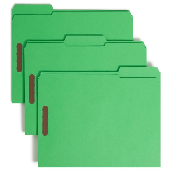 Smead Color Reinforced Tab Fastener Folders, Letter Size, 1/3 Cut, Green, Pack Of 50