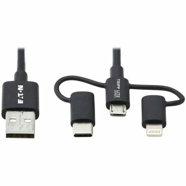 Tripp Lite USB-A to Lightning, USB Micro-B and USB-C Sync/Charge Cable, Black, 6 ft. - First End: 1 x Type A Male USB - Second End: 1 x Type C Male USB, Second End: 1 x Type B Male Micro USB, Second End: 1 x Lightning Male Proprietary Connector