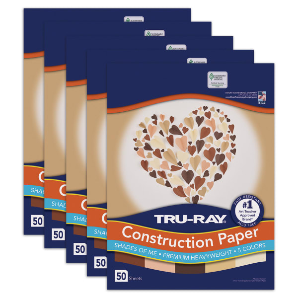 Tru-Ray Construction Paper, Heavyweight, 9in x 12in, 5 Assorted Skin Tone Colors, 50 Sheets Per Pack, Set Of 5 Packs