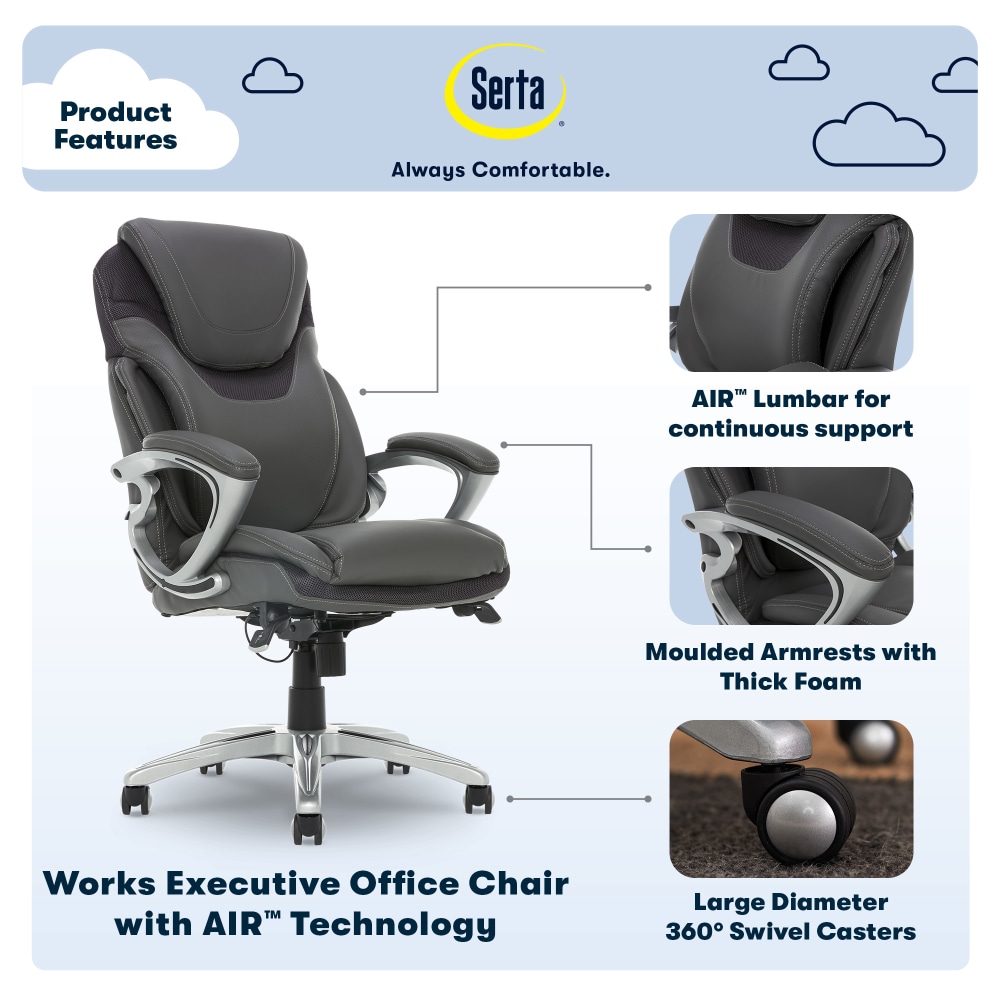 SertaAIR Health  Wellness Ergonomic Bonded Leather High Back Executive Office Chair Light Gray PopularChairscom   