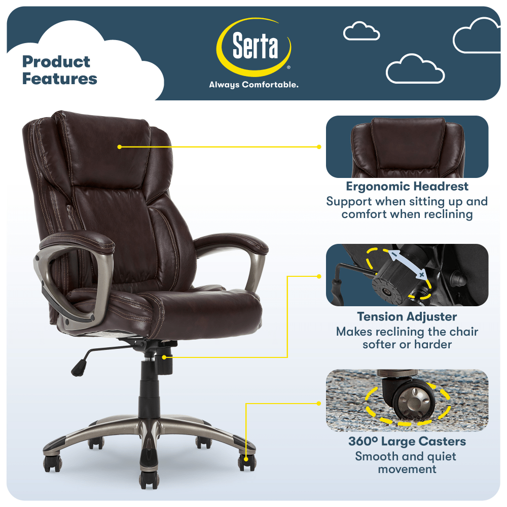 Serta Executive Office Ergonomic Bonded Leather High Back Chair Biscuit BrownSilver PopularChairscom   