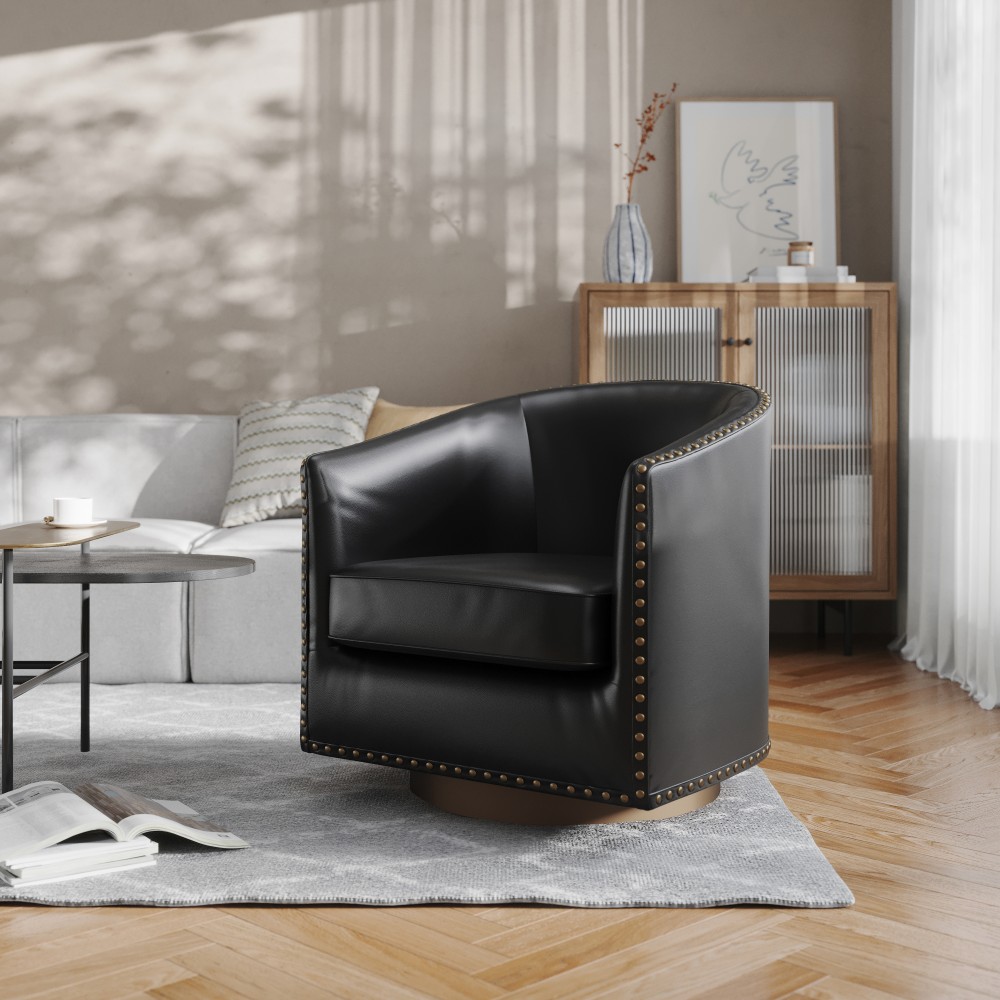Flash Furniture Myles Club Style Commercial Barrel Accent Armchair with 360 deg Swivel Metal Base and Upholstery with Decorative Nail Head Trim Black PopularChairscom Flash Furniture Myles Club Style Commercial Barrel Accent Armchair with 360 deg Swivel Metal Base and Upholstery with Decorative Nail Head Trim Black PopularChairscom