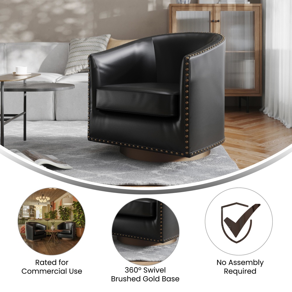Flash Furniture Myles Club Style Commercial Barrel Accent Armchair with 360 deg Swivel Metal Base and Upholstery with Decorative Nail Head Trim Black PopularChairscom Flash Furniture Myles Club Style Commercial Barrel Accent Armchair with 360 deg Swivel Metal Base and Upholstery with Decorative Nail Head Trim Black PopularChairscom