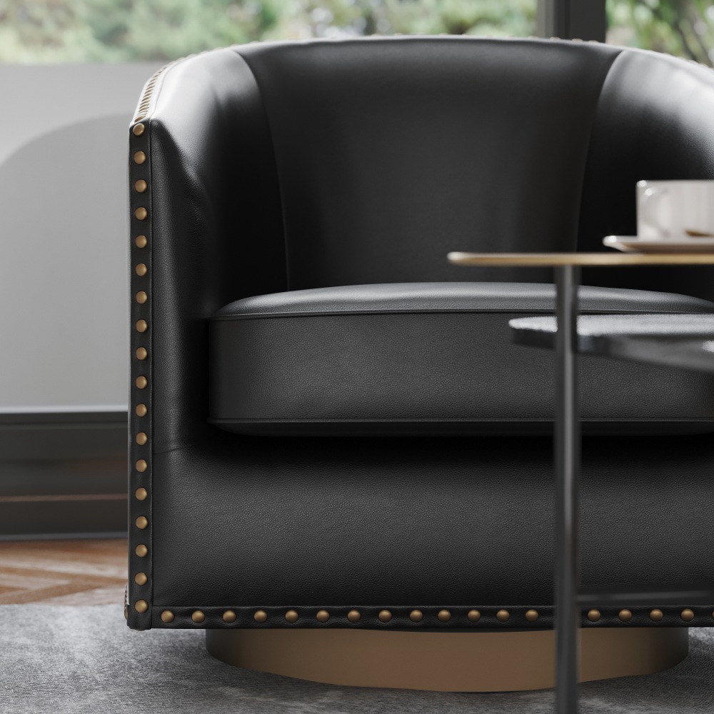 Flash Furniture Myles Club Style Commercial Barrel Accent Armchair with 360 deg Swivel Metal Base and Upholstery with Decorative Nail Head Trim Black PopularChairscom Flash Furniture Myles Club Style Commercial Barrel Accent Armchair with 360 deg Swivel Metal Base and Upholstery with Decorative Nail Head Trim Black PopularChairscom