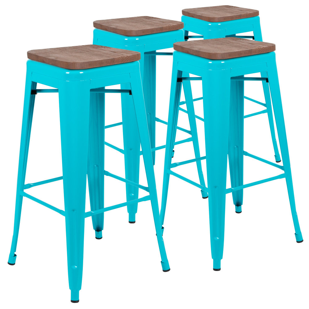 Flash Furniture 30in High Metal Indoor Bar Stool with Wood Seat Stackable Set of 4 Teal PopularChairscom Flash Furniture 30in High Metal Indoor Bar Stool with Wood Seat Stackable Set of 4 Teal PopularChairscom