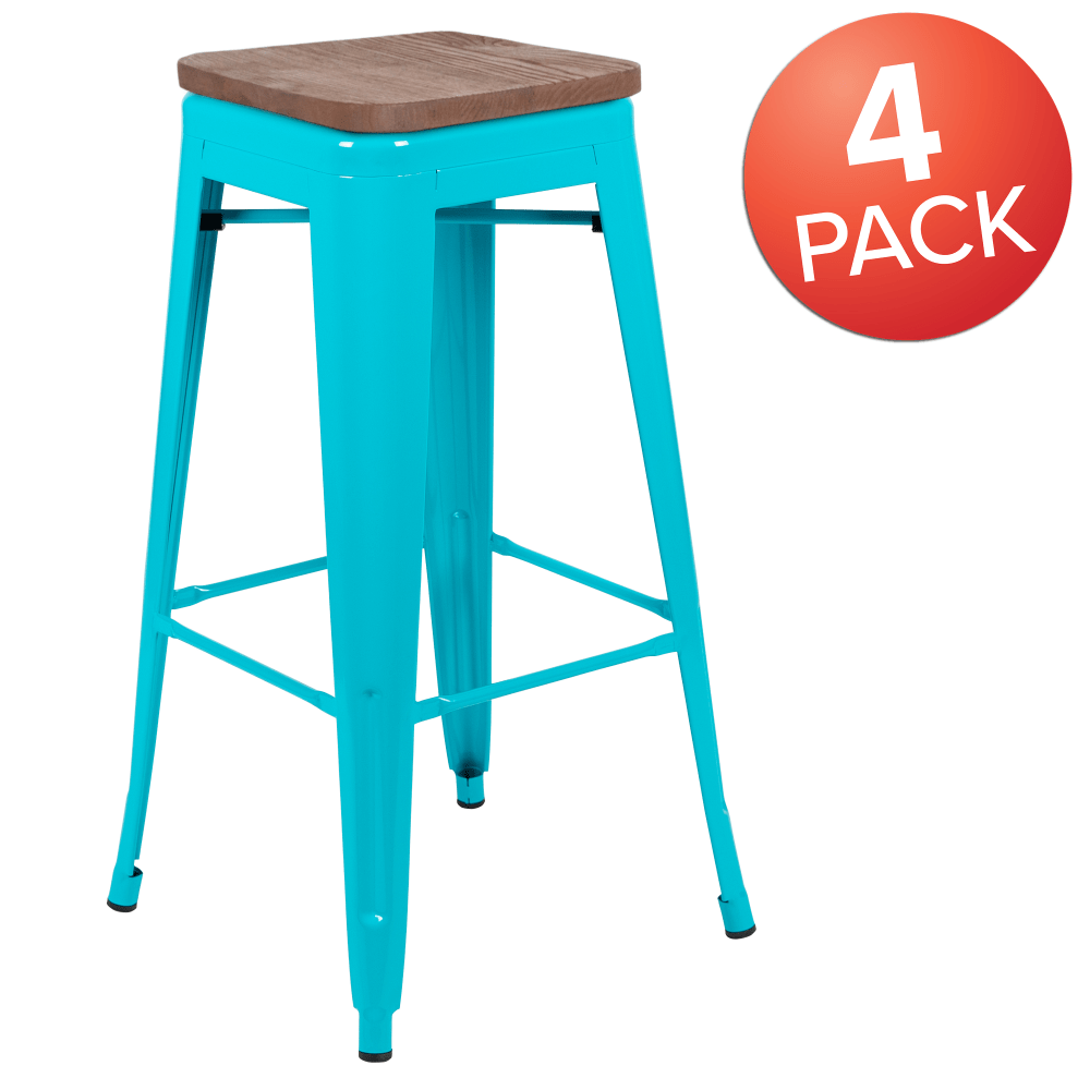 Flash Furniture 30in High Metal Indoor Bar Stool with Wood Seat Stackable Set of 4 Teal PopularChairscom Flash Furniture 30in High Metal Indoor Bar Stool with Wood Seat Stackable Set of 4 Teal PopularChairscom