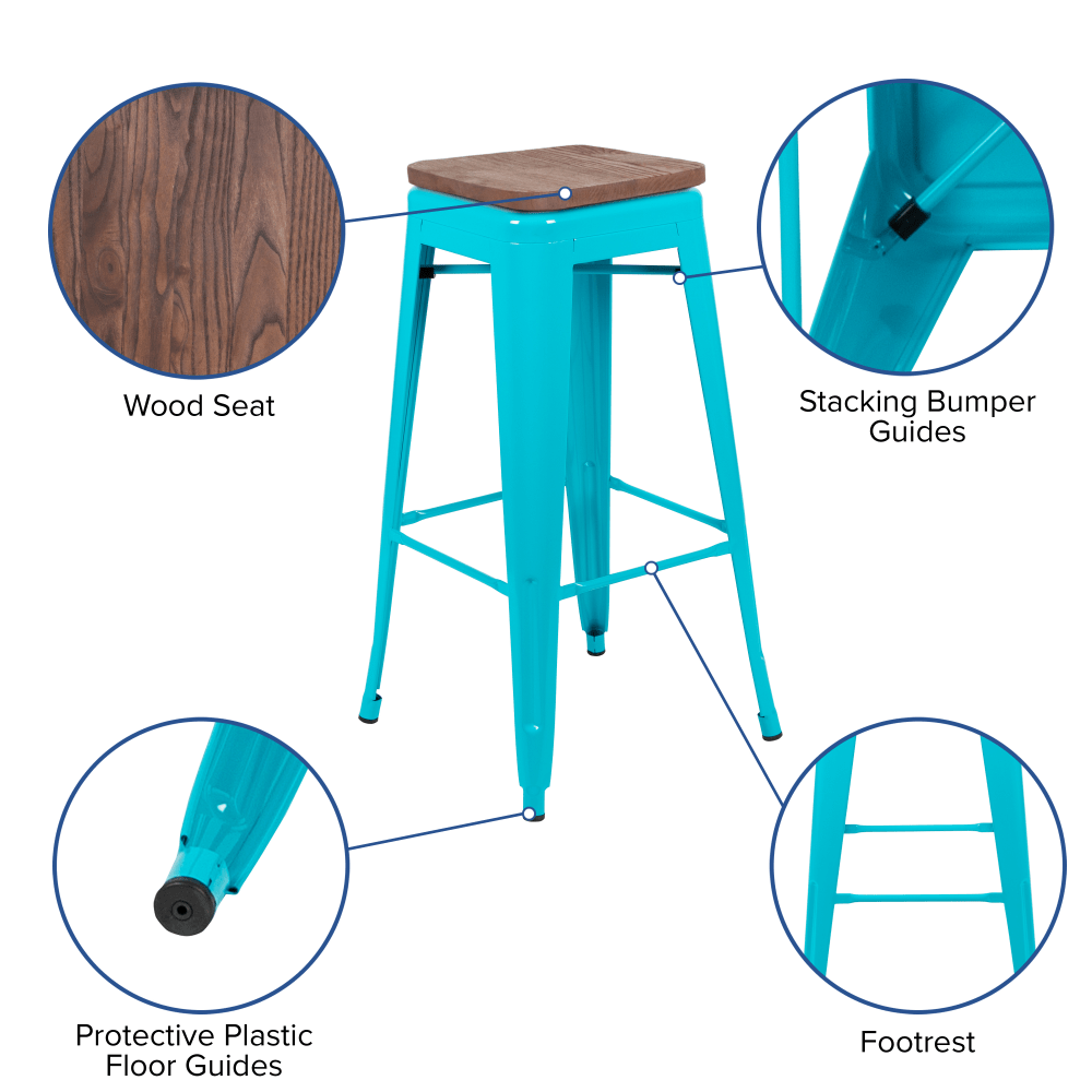 Flash Furniture 30in High Metal Indoor Bar Stool with Wood Seat Stackable Set of 4 Teal PopularChairscom Flash Furniture 30in High Metal Indoor Bar Stool with Wood Seat Stackable Set of 4 Teal PopularChairscom