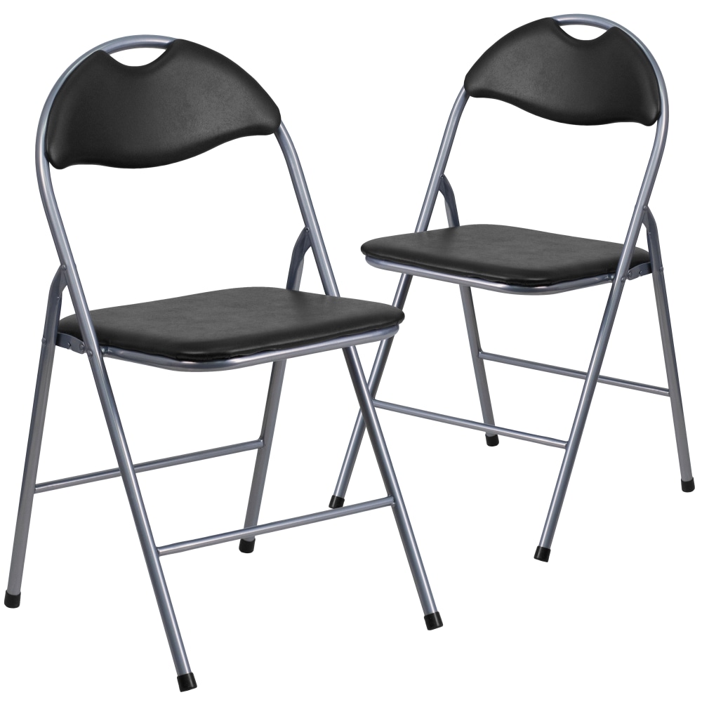 Flash Furniture HERCULES Series Vinyl Metal Folding Chairs With Carrying Handles BlackSilver Pack Of 2 Chairs PopularChairscom Flash Furniture HERCULES Series Vinyl Metal Folding Chairs With Carrying Handles BlackSilver Pack Of 2 Chairs PopularChairscom