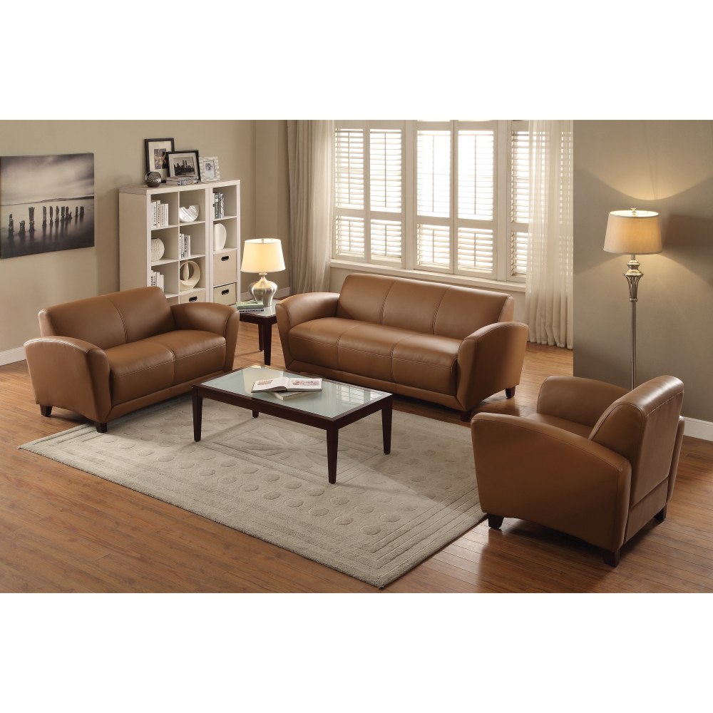 Lorell Accession Bonded Leather Reception Loveseat British Tan PopularChairscom   